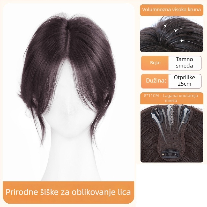 Perika s bangs za žene – volumen na tjemenu, prekrivanje sijede, vlakna otporna na temperaturu, polu ručno tkanje