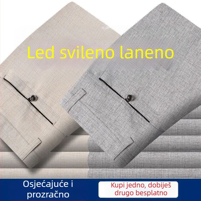 Muške lagane ljetne hlače od pamuka i lana, visok struk, ravni kroj, zatvarač, prozračne