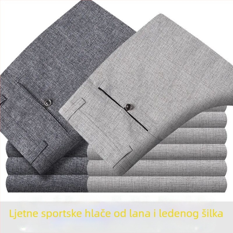 Muške lagane ljetne hlače od pamuka i lana, visok struk, ravni kroj, zatvarač, prozračne
