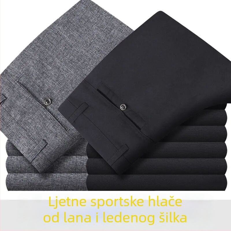 Muške lagane ljetne hlače od pamuka i lana, visok struk, ravni kroj, zatvarač, prozračne