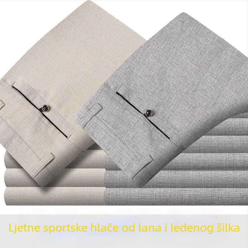 Muške lagane ljetne hlače od pamuka i lana, visok struk, ravni kroj, zatvarač, prozračne