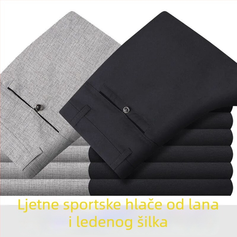 Muške lagane ljetne hlače od pamuka i lana, visok struk, ravni kroj, zatvarač, prozračne