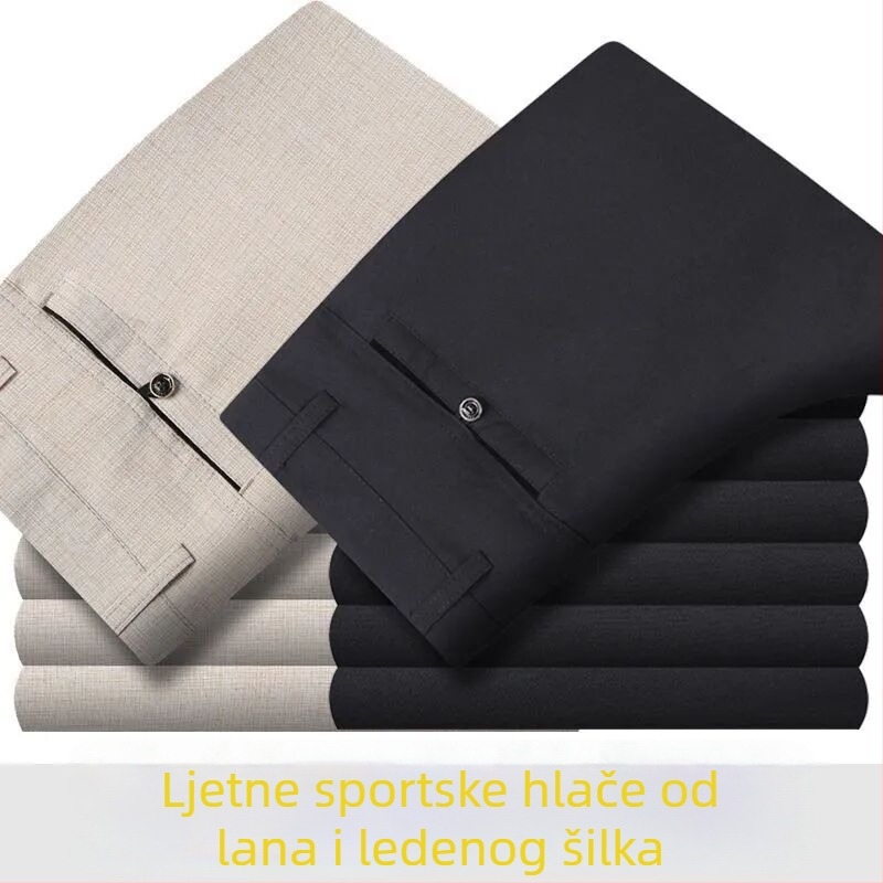 Muške lagane ljetne hlače od pamuka i lana, visok struk, ravni kroj, zatvarač, prozračne