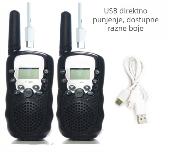 Huike T388 Djeco dvokraki radio s 22 kanala, doseg 1,5–3 km, RF izlaz 0,5 W, litij-ionska baterija 3,7 V, s zaslonom
