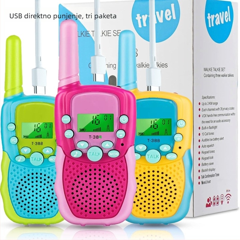 Huike T388 Djeco dvokraki radio s 22 kanala, doseg 1,5–3 km, RF izlaz 0,5 W, litij-ionska baterija 3,7 V, s zaslonom