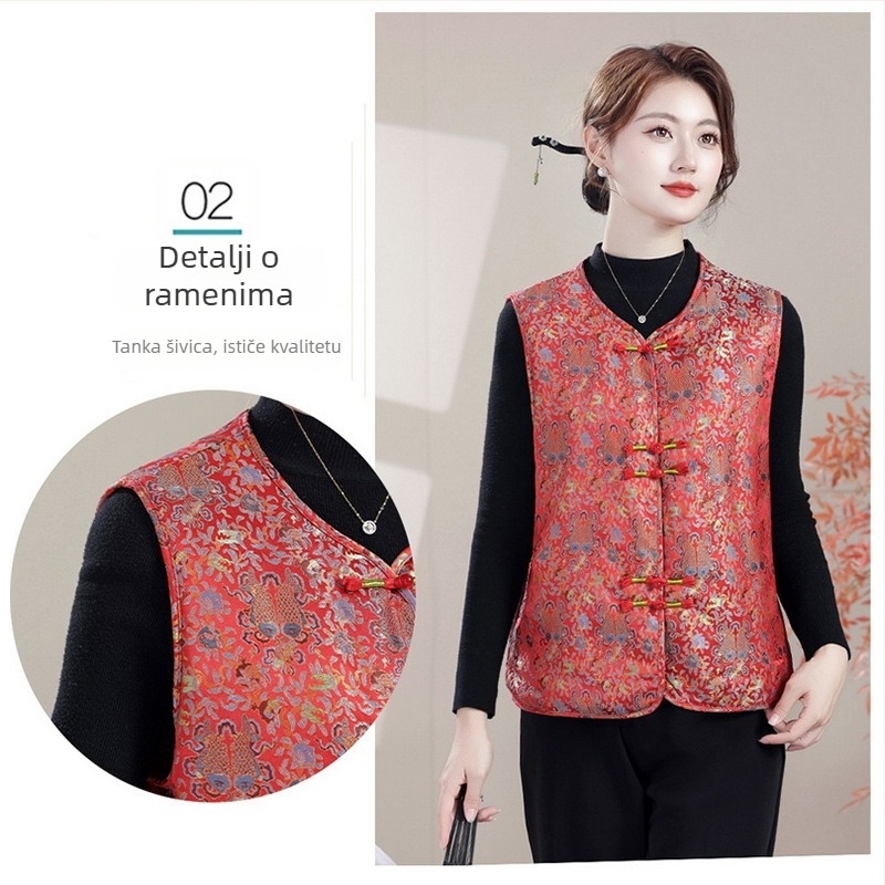 Vesta u Tang stila za žene, jesen-zima, podstavljena, casual elegantan stil za svakodnevno nošenje, duljina 50–65 cm, poliester >95%, 2025