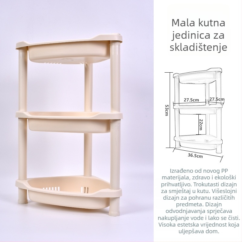 Plastični 3‑slojni stalak s trokutastom osnovom za kupaonicu i kuhinju, nosivost 5–10 kg