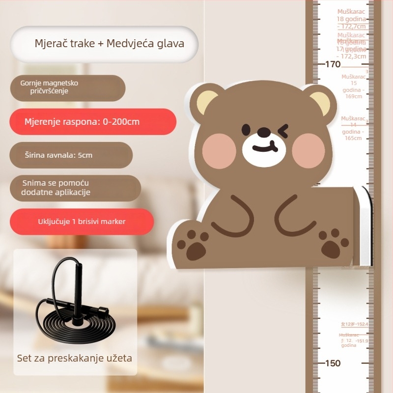 Dječji mjerač visine na zid – 3D crtani dizajn, PVC, vodootporan, s motivom slatkih životinja, 1 komad