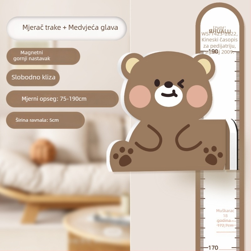 Dječji mjerač visine na zid – 3D crtani dizajn, PVC, vodootporan, s motivom slatkih životinja, 1 komad