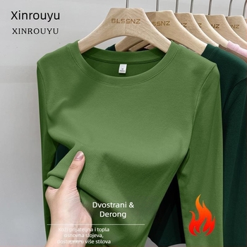 Ženski T-shirt s dugim rukavima, okrugli izrez, brušeni poliester, jednobojna, uski kroj, proljeće 2025