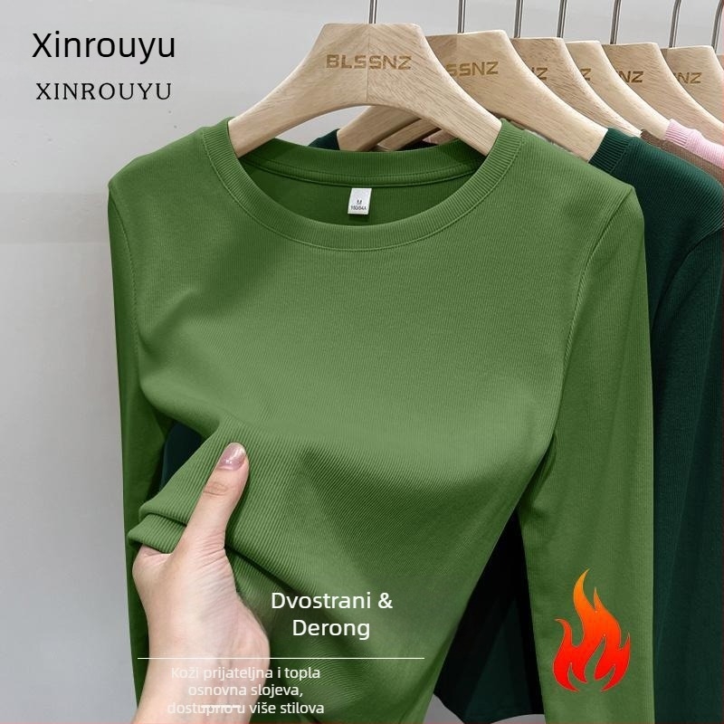 Ženski T-shirt s dugim rukavima, okrugli izrez, brušeni poliester, jednobojna, uski kroj, proljeće 2025