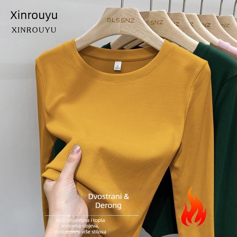 Ženski T-shirt s dugim rukavima, okrugli izrez, brušeni poliester, jednobojna, uski kroj, proljeće 2025