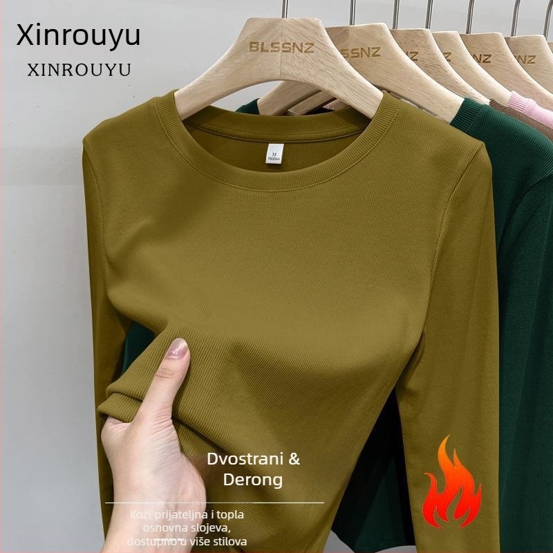 Ženski T-shirt s dugim rukavima, okrugli izrez, brušeni poliester, jednobojna, uski kroj, proljeće 2025