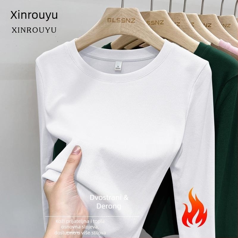 Ženski T-shirt s dugim rukavima, okrugli izrez, brušeni poliester, jednobojna, uski kroj, proljeće 2025