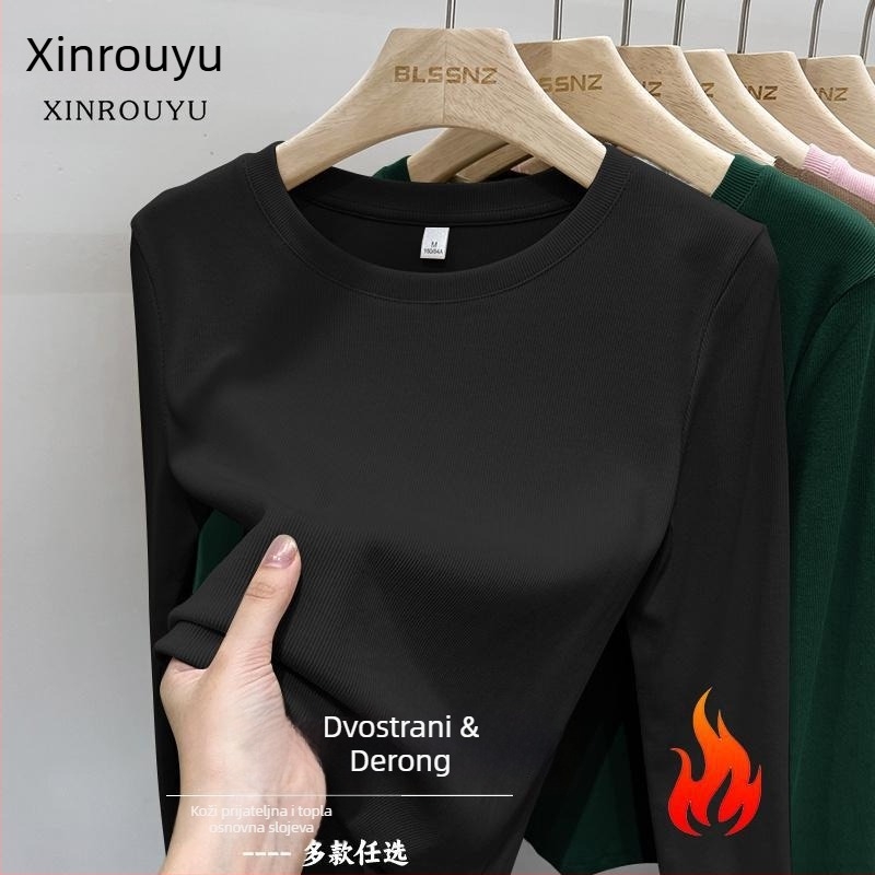 Ženski T-shirt s dugim rukavima, okrugli izrez, brušeni poliester, jednobojna, uski kroj, proljeće 2025