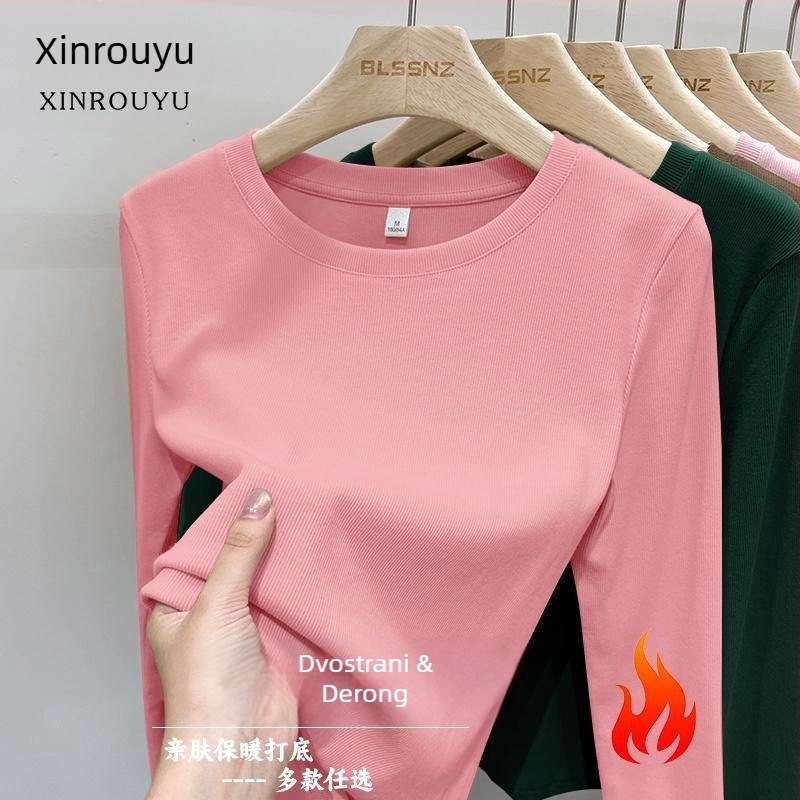 Ženski T-shirt s dugim rukavima, okrugli izrez, brušeni poliester, jednobojna, uski kroj, proljeće 2025