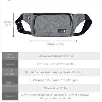 Muška torbica za struk, crossbody torba za telefon, vanjska uporaba, Oxford platno, zatvarač, poliester podstava