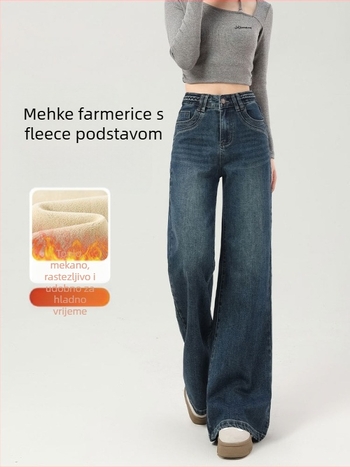 Ženske traperice s širokim nogama i flare krojem, fleece podstava, srednji pojas, debeli denim, opran završetak