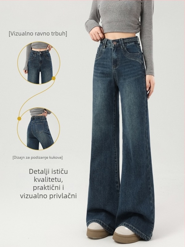 Ženske traperice s širokim nogama i flare krojem, fleece podstava, srednji pojas, debeli denim, opran završetak