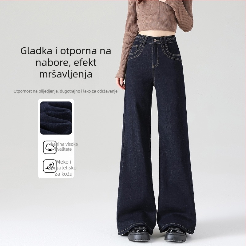 Ženske traperice s širokim nogama i flare krojem, fleece podstava, srednji pojas, debeli denim, opran završetak