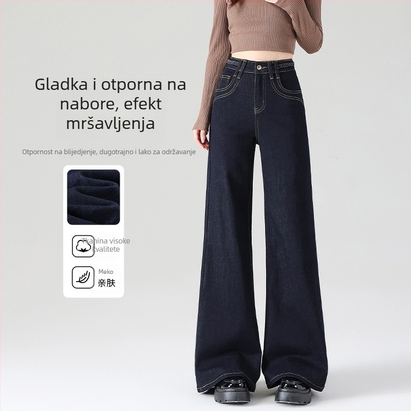 Ženske traperice s širokim nogama i flare krojem, fleece podstava, srednji pojas, debeli denim, opran završetak