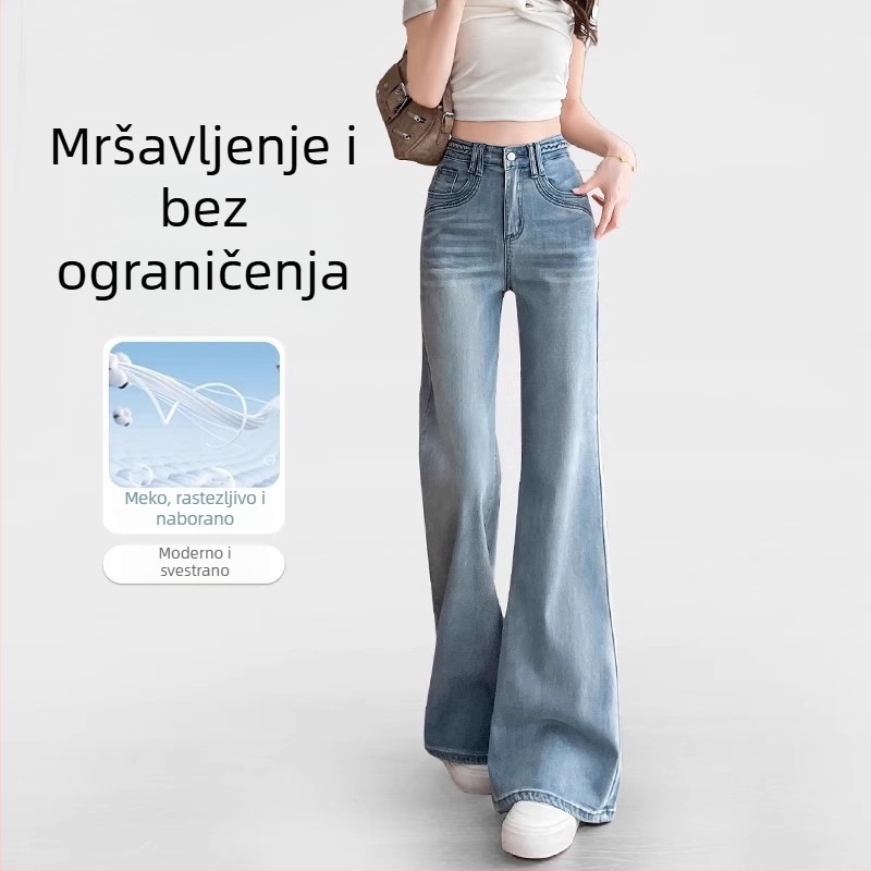 Ženske traperice s širokim nogama i flare krojem, fleece podstava, srednji pojas, debeli denim, opran završetak