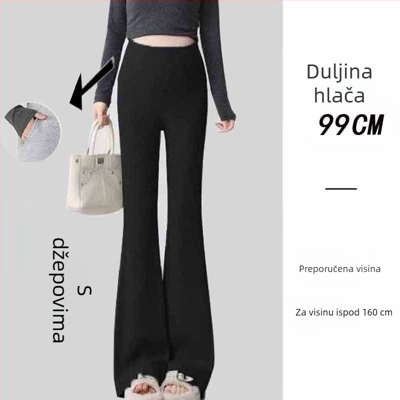 Trudničke hlače u korejskom stilu, visoka talija, mikroelastičnost, kroj bell-bottom, tkanina od poliester-viskozne smjese (50–70% poliester, <30% viskoze)