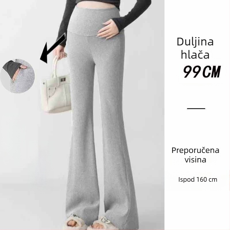Trudničke hlače u korejskom stilu, visoka talija, mikroelastičnost, kroj bell-bottom, tkanina od poliester-viskozne smjese (50–70% poliester, <30% viskoze)