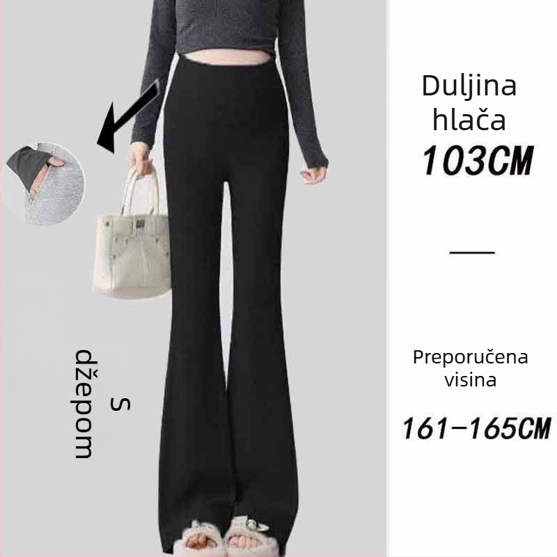 Trudničke hlače u korejskom stilu, visoka talija, mikroelastičnost, kroj bell-bottom, tkanina od poliester-viskozne smjese (50–70% poliester, <30% viskoze)