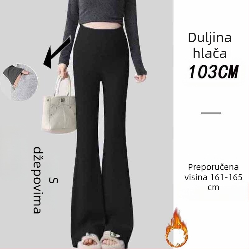 Trudničke hlače u korejskom stilu, visoka talija, mikroelastičnost, kroj bell-bottom, tkanina od poliester-viskozne smjese (50–70% poliester, <30% viskoze)