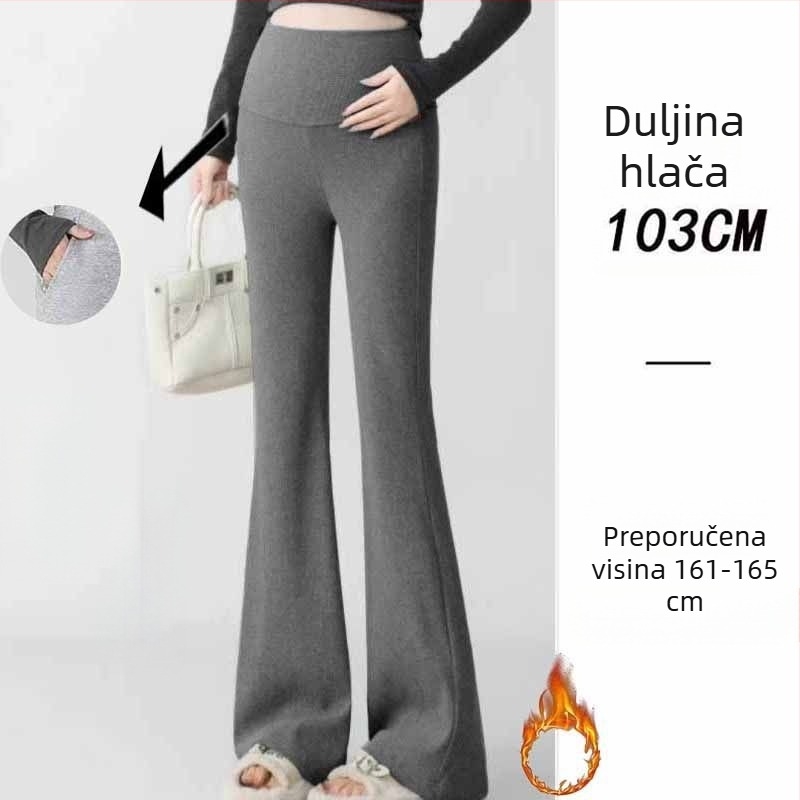 Trudničke hlače u korejskom stilu, visoka talija, mikroelastičnost, kroj bell-bottom, tkanina od poliester-viskozne smjese (50–70% poliester, <30% viskoze)