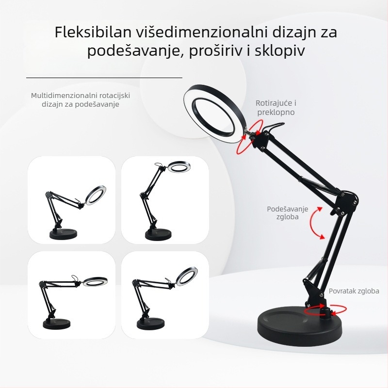 LED stolna lampa za zaštitu očiju s dugim ramenom i sklopivim povećalom, 6–10W, USB napajanje, CE certifikat, CRI 80–89, napon ≤36V