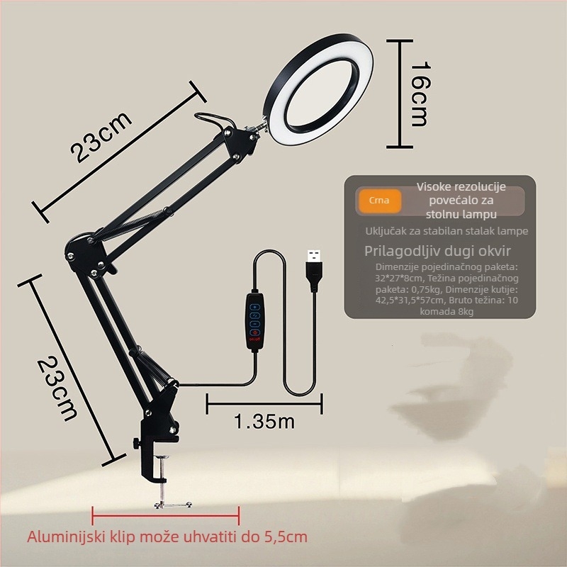LED stolna lampa za zaštitu očiju s dugim ramenom i sklopivim povećalom, 6–10W, USB napajanje, CE certifikat, CRI 80–89, napon ≤36V