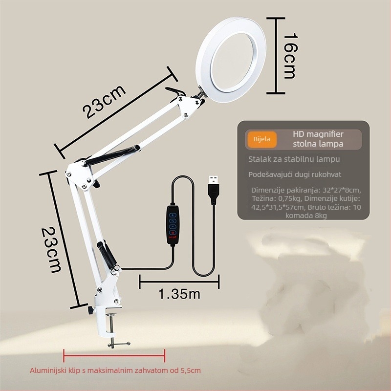 LED stolna lampa za zaštitu očiju s dugim ramenom i sklopivim povećalom, 6–10W, USB napajanje, CE certifikat, CRI 80–89, napon ≤36V