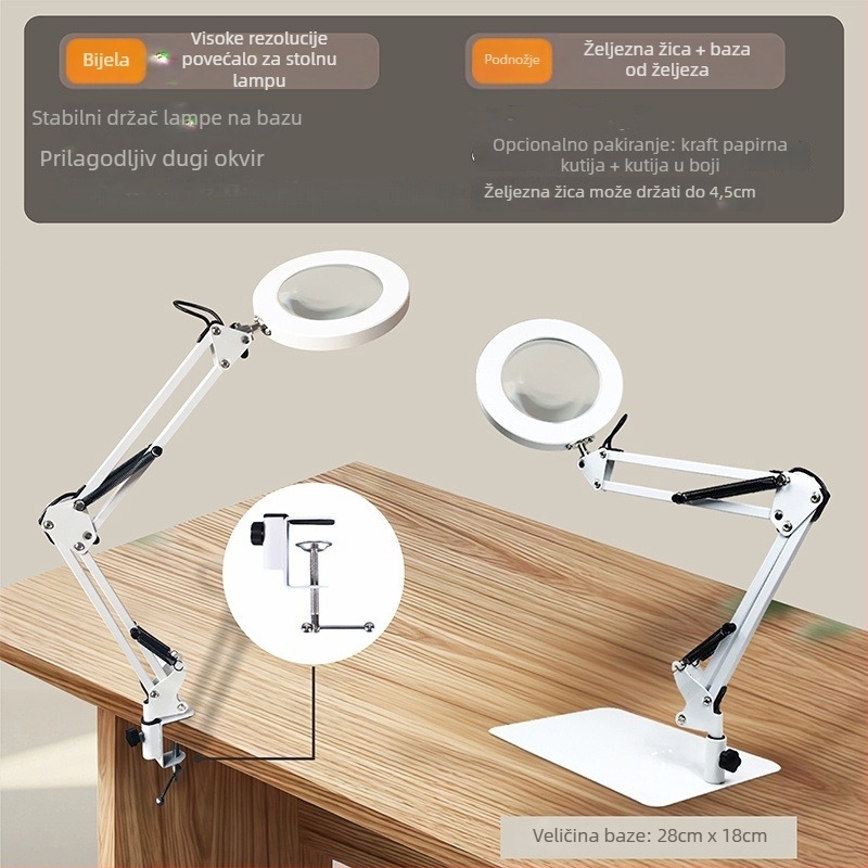 LED stolna lampa za zaštitu očiju s dugim ramenom i sklopivim povećalom, 6–10W, USB napajanje, CE certifikat, CRI 80–89, napon ≤36V