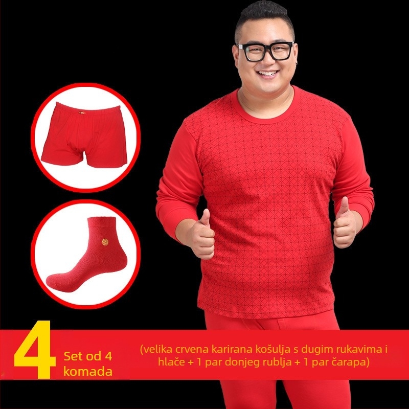 Muški termalni set donjeg rublja od 100% pamuka — topao pulover s okruglim izrezom, dugi rukavi i hlače, srednja debljina tkanine 181–200 g/m2