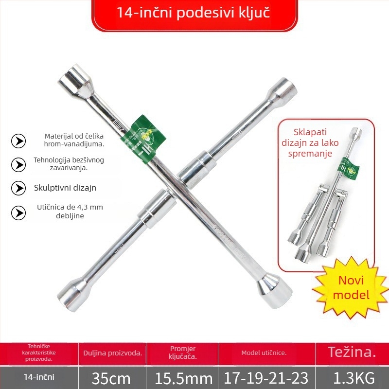 Križni ključ za servis guma automobila, krom-vanadno čelik, produžni nastavak, uštedu napora