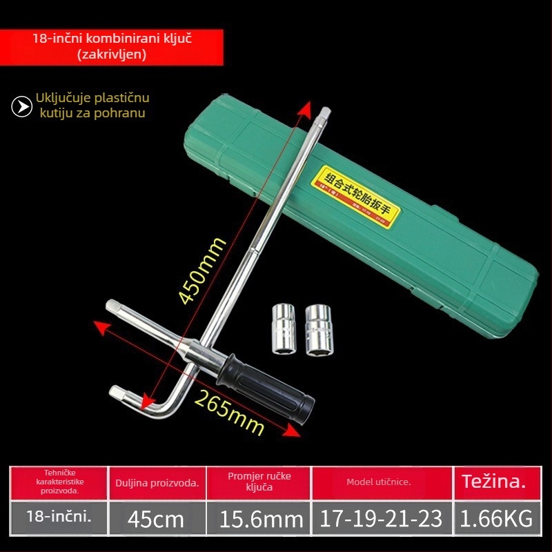Križni ključ za servis guma automobila, krom-vanadno čelik, produžni nastavak, uštedu napora