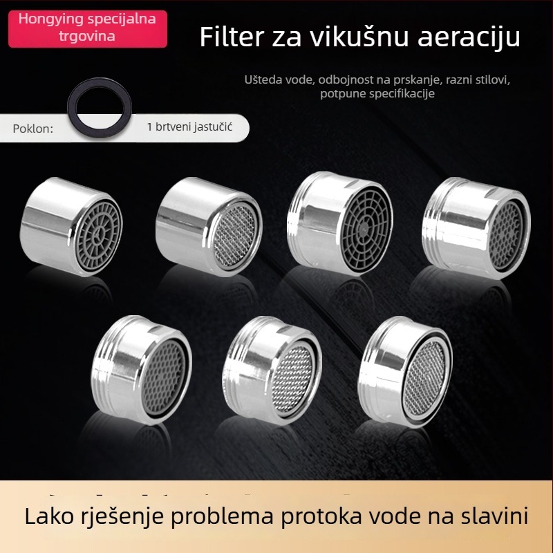 AERATOR slavine s filtrom — ušteda vode, bakar, elektroplatirani završetak, jednostrani upravljanje, nominalni tlak 1.6 MPa, radna temperatura 120°C, ugradnja unutarnja i vanjska žica