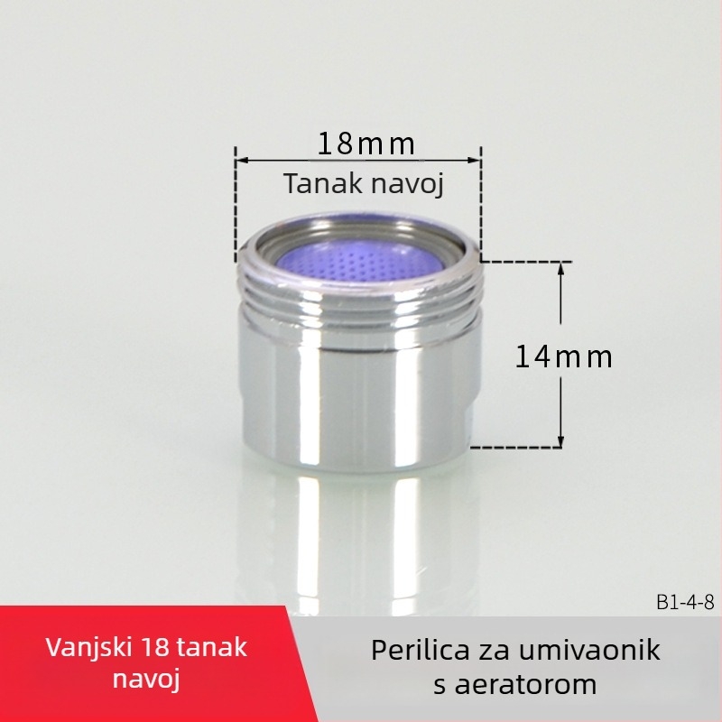 AERATOR slavine s filtrom — ušteda vode, bakar, elektroplatirani završetak, jednostrani upravljanje, nominalni tlak 1.6 MPa, radna temperatura 120°C, ugradnja unutarnja i vanjska žica