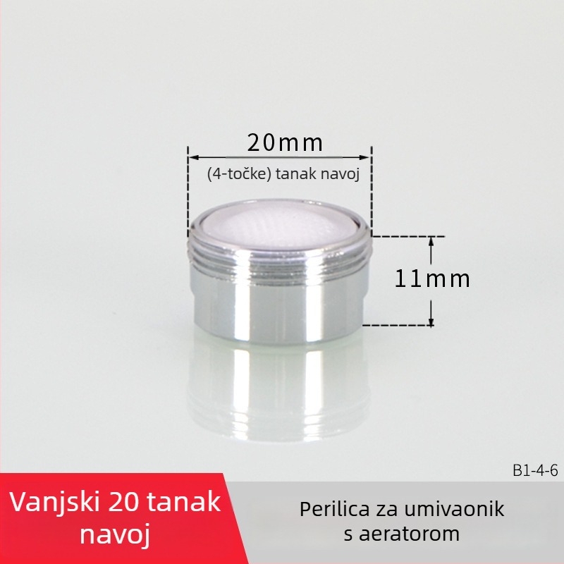 AERATOR slavine s filtrom — ušteda vode, bakar, elektroplatirani završetak, jednostrani upravljanje, nominalni tlak 1.6 MPa, radna temperatura 120°C, ugradnja unutarnja i vanjska žica