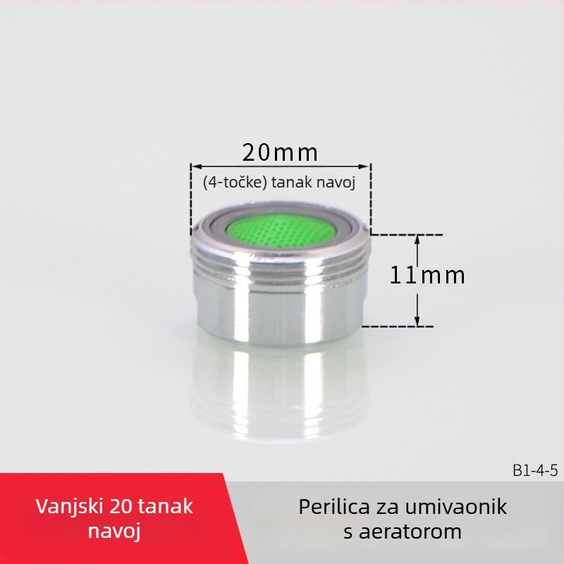 AERATOR slavine s filtrom — ušteda vode, bakar, elektroplatirani završetak, jednostrani upravljanje, nominalni tlak 1.6 MPa, radna temperatura 120°C, ugradnja unutarnja i vanjska žica