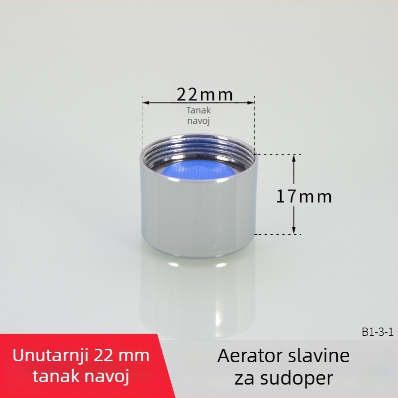 AERATOR slavine s filtrom — ušteda vode, bakar, elektroplatirani završetak, jednostrani upravljanje, nominalni tlak 1.6 MPa, radna temperatura 120°C, ugradnja unutarnja i vanjska žica