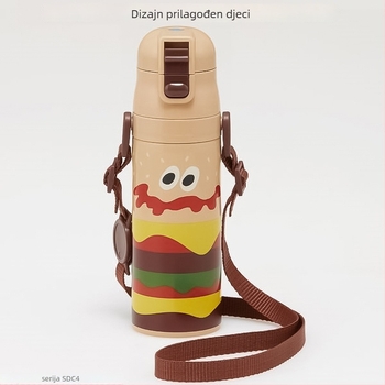 Termos boca s karikaturnim dizajnom, od 304 nehrđajućeg čelika, s nosivim užetom i bravom, ravni oblik, izolacija 6–12 sati, poklopac za izravno pijenje