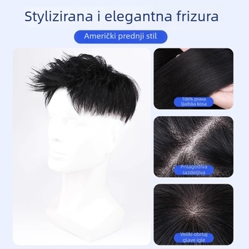 Muška perika od pravih vlasi – Amerikanski stil prednji dio kose, kratka duljina, prirodan bezšav izgled, mehanizam