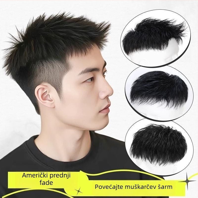 Muška perika od pravih vlasi – Amerikanski stil prednji dio kose, kratka duljina, prirodan bezšav izgled, mehanizam