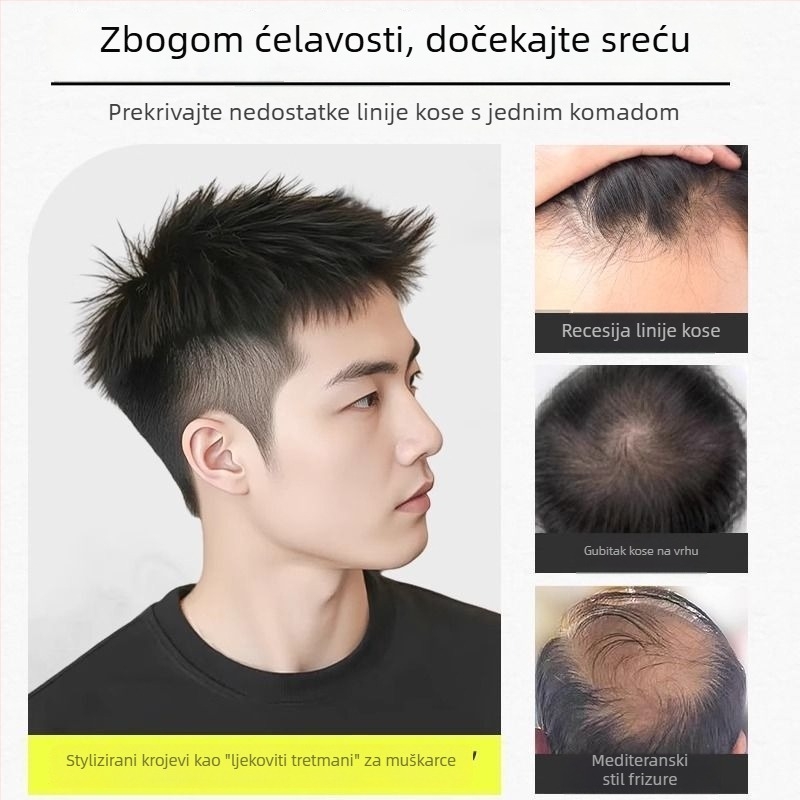 Muška perika od pravih vlasi – Amerikanski stil prednji dio kose, kratka duljina, prirodan bezšav izgled, mehanizam