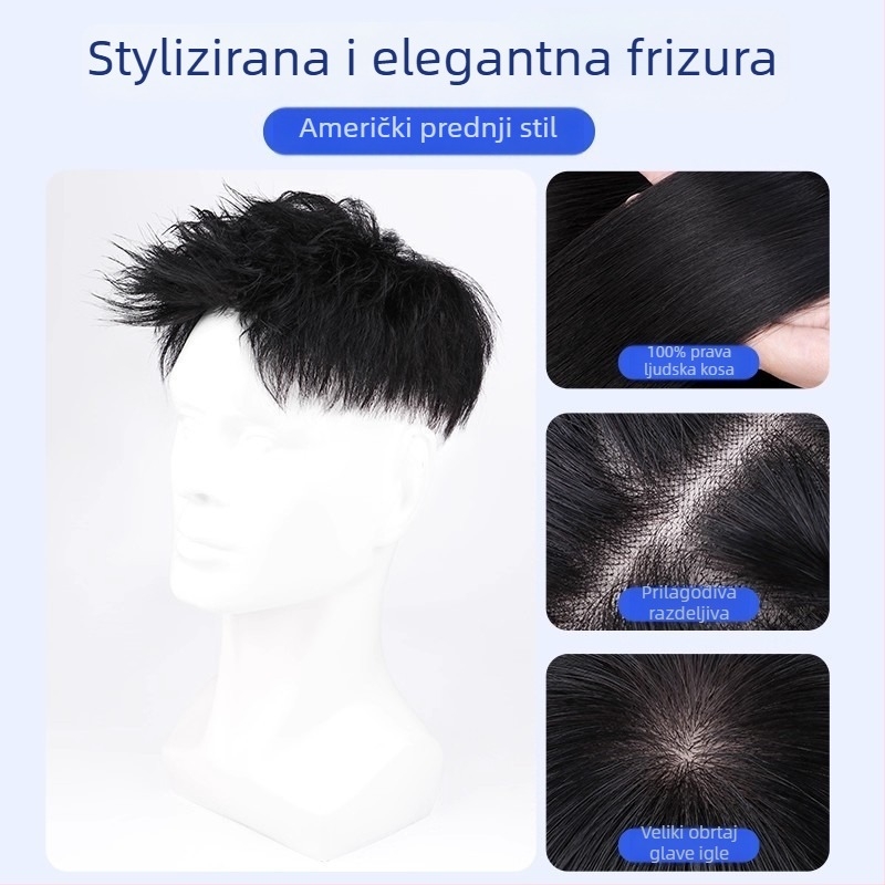 Muška perika od pravih vlasi – Amerikanski stil prednji dio kose, kratka duljina, prirodan bezšav izgled, mehanizam