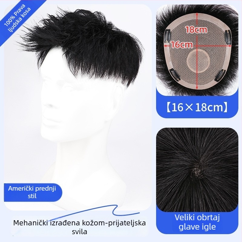 Muška perika od pravih vlasi – Amerikanski stil prednji dio kose, kratka duljina, prirodan bezšav izgled, mehanizam