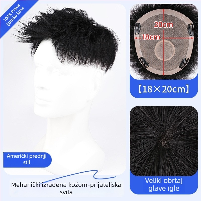 Muška perika od pravih vlasi – Amerikanski stil prednji dio kose, kratka duljina, prirodan bezšav izgled, mehanizam